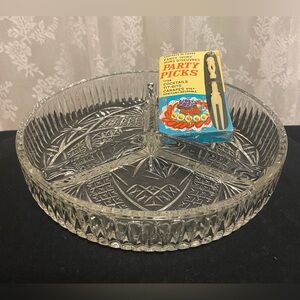 Vintage Libbey Glass "Clarion" Divided Relish Dish w/ New Box 70’s Party Picks